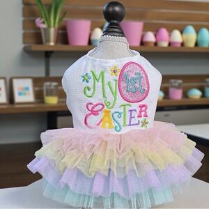 Puppy’s First Easter Sleeveless Tutu Dress Embroidered with “My 1st Easter”